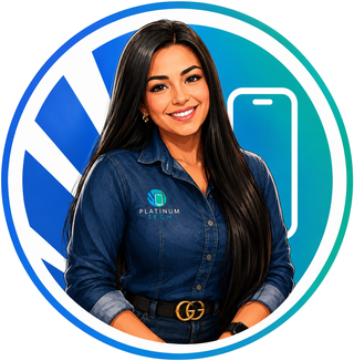 Illustrated portrait of Betzy, founder of Platinum Tech, wearing a Platinum Tech denim shirt inside the blue and teal Platinum Tech circle